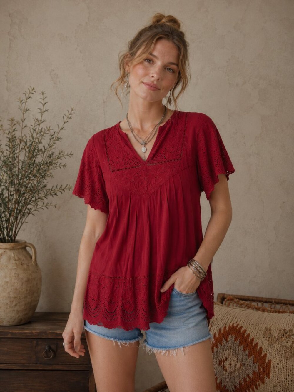 Knox Rose Eyelet Embroidered Boho Top | Flutter Sleeve Peasant Blouse
